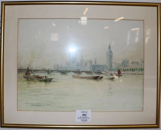William Minshall Birchall (1884-1941) The Houses and Westminster Bridge, 10 x 13.5in.